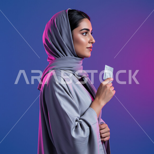 مفهوم التسوق الالكتروني, النظر الى مكان ما بايماءات التركيز، شراء المنتجات والدفع عن بعد, بورتريه مقرب من الجانب لامرأة عربية خليجية سعودية محجبة مبتسمة ترتدي العباءة تحمل بيدها بطاقة الائتمان البنكية, خلفية ملونة