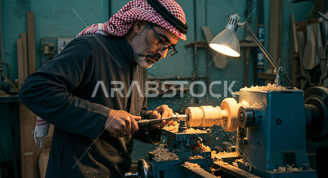 ورشة عمل في المملكة العربية السعودية، حرفة و مهنة يدوية تقليدية شعبية، معمل تصنيع الأثاث المنزلي، حرفي عربي خليجي سعودي يرتدي الثوب التقليدي والشماغ يقوم بنحت وتشكيل قطعة خشبية، استخدام ادوات و معدات النجارة