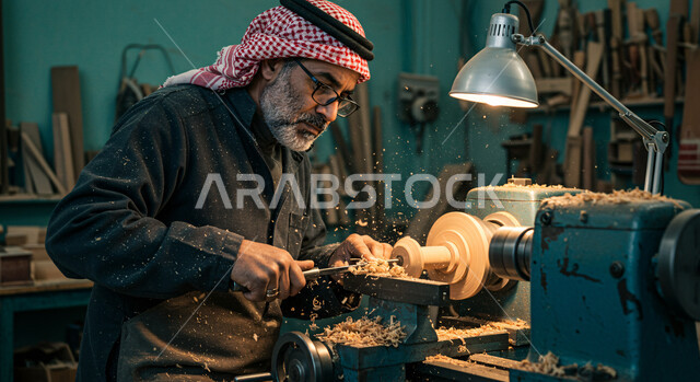استخدام ادوات و معدات النجارة، مهنة يدوية تقليدية شعبية، معمل تصنيع الأثاث المنزلي، حرفي عربي خليجي سعودي يرتدي الثوب التقليدي والشماغ يقوم بنحت وتشكيل قطعة خشبية