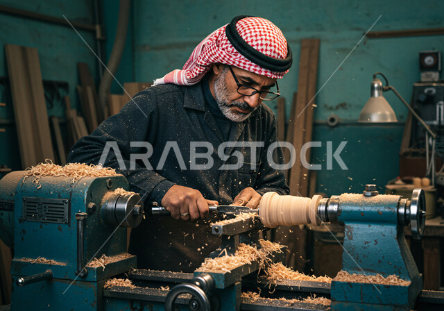 ورشة عمل في المملكة العربية السعودية، حرفة و مهنة يدوية تقليدية شعبية، معمل تصنيع الأثاث المنزلي، حرفي عربي خليجي سعودي يرتدي الثوب التقليدي والشماغ يقوم بنحت وتشكيل قطعة خشبية، استخدام ادوات و معدات النجارة