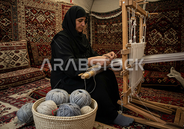 معمل ومصنع لحياكة وغزل السجاد، مهنة وحرفة شعبية، سيدة عربية خليجية سعودية محجبة ترتدي العباءة تقوم بنسج السجادة، نقش وزخرفة من التراث السعودي، الفن التراثي الحرفي التقليدي، منتج صناعي محلي وطني
