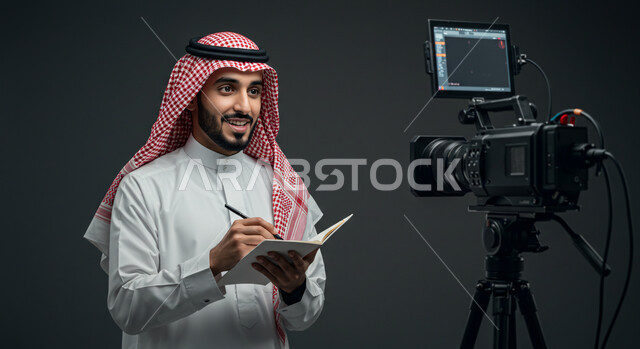 كتابة وتدوين الملاحظات، أخبار العالم والمملكة العربية السعودية، قراءة الموجز الإخباري، كواليس تقديم البرامج والنشرات الإخبارية، بورتريه مقرب لإعلامي عربي خليجي سعودي يرتدي الثوب التقليدي والشماغ يقوم بتقديم نشرة تلفيزيونية أمام الكاميرا، خلفية سوداء