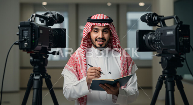 قراءة الموجز الإخباري، كواليس تقديم البرامج والنشرات الإخبارية، صورة مقربة لإعلامي عربي خليجي سعودي يرتدي الثوب التقليدي والشماغ يقوم بتقديم نشرة تلفيزيونية أمام الكاميرا، أخبار العالم والمملكة العربية السعودية، كتابة وتدوين الملاحظات