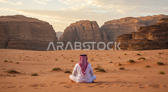 Relaxing concept in desert areas, enjoying the landscape in desert, sand dunes and hills in desert, soft golden sand, back view of a Saudi Arabian Gulf man wearing traditional thobe and shemagh doing yoga