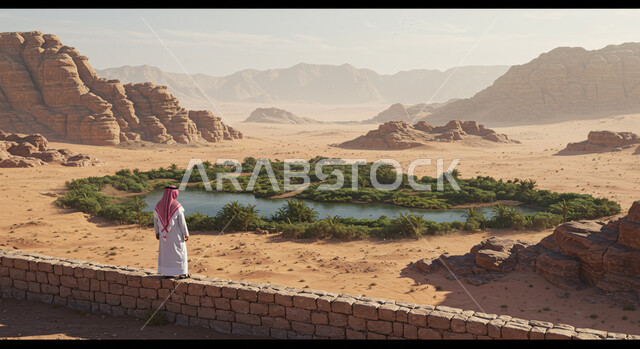 الاستمتاع بالمناظر الطبيعية في الصحاري، مفهوم الاسترخاء في المناطق الصحراوية، الكثبان والتلال الرملية في الصحراء، صورة من الخلف لرجل عربي خليجي سعودي يرتدي الثوب التقليدي والشماغ يقف فوق الرمال الذهبية الناعمة