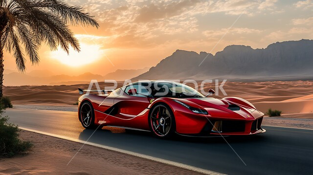 سيارة لافيراري حمراء تسير على طريق اسفلتي وسط الصحراء، نشاط صحراوي ممتع، مغامرات سفاري على الكثبان الرملية، مغامرة شيقة على الرمال الذهبية الناعمة في صحاري المملكة العربية السعودية، الاستمتاع بممارسة الهواية المفضلة