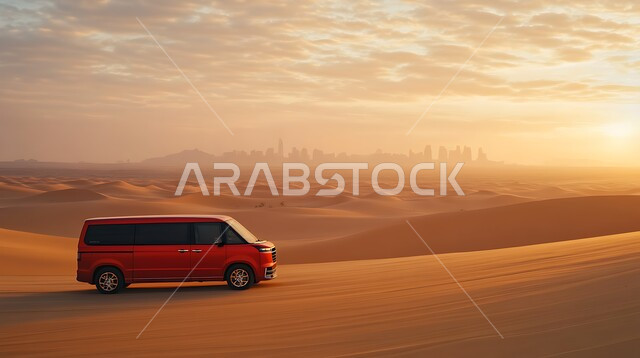 الرمال الذهبية الناعمة والكثبان الرملية، سيارة صينية تسير وسط الصحراء، الطبيعة الصحراوية في المملكة العربية السعودية، مغامرات ورحلات السفاري في الصحاري، استخدام المركبات الحديثة في التنقل البري السريع