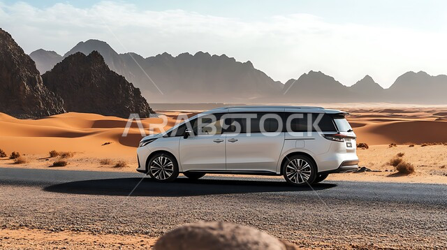 سيارة صينية تسير على شارع اسفلتي وسط الصحراء، الطبيعة الصحراوية في المملكة العربية السعودية، التشكيلات والتكوينات الصخرية والكثبان الرملية، وسائل النقل والمواصلات، مغامرات ورحلات السفاري في الصحاري، استخدام المركبات الحديثة في التنقل البري السريع