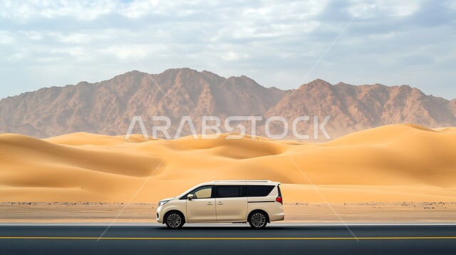 الطبيعة الصحراوية في المملكة العربية السعودية، سيارة صينية تسير على شارع اسفلتي وسط الصحراء، التشكيلات والتكوينات الصخرية والكثبان الرملية، وسائل النقل والمواصلات، مغامرات ورحلات السفاري في الصحاري، استخدام المركبات الحديثة في التنقل البري السريع