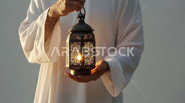 زينة وإضاءة رمضان المبارك, بورتريه مقرب لايدي رجل يحمل فانوس معدني تقليدي مزخرف مضيء, أنوار و ديكورات في الأجواء الرمضانية الروحانية ,تحف و فوانيس اسلامية للاحتفال بقدوم شهر الخير، خلفية رمادية