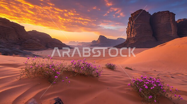 Sand formations and formations in the desert of Saudi Arabia, plateaus and hills of soft golden sand, desert natural environment, sunset view over the desert areas, terrain and heights and mountain peaks in the wilderness, nature background