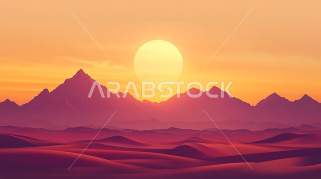 الهضاب والتلال من الرمال الذهبية الناعمة, البيئة الطبيعية الصحراوية، منظر غروب الشمس فوق مناطق البادية، التضاريس والمرتفعات والقمم الجبلية في البراري, التكوينات والتشكلات الرملية في صحراء المملكة العربية السعودية, خلفية الطبيعة