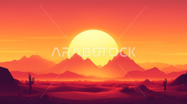 منظر غروب الشمس فوق مناطق البادية، البيئة الطبيعية الصحراوية، الهضاب والتلال من الرمال الذهبية الناعمة, التضاريس والمرتفعات والقمم الجبلية في البراري, التكوينات والتشكلات الرملية في صحراء المملكة العربية السعودية, خلفية الطبيعة