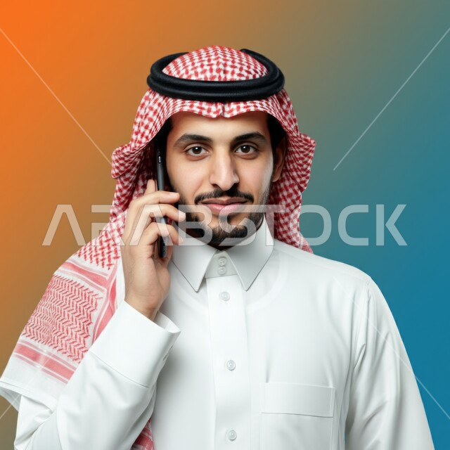 استخدام الأجهزة الحديثة والمتطورة, التواصل مع الأهل والأصدقاء, بورتريه مقرب لرجل عربي سعودي خليجي يرتدي الشماغ والثوب التقليدي يقوم إجراء مكالمة صوتية عبر الهاتف المحمول, خلفية ملونة