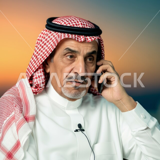 العمل في مجال خدمة العملاء والرد على الاستفسارات، استخدام الأجهزة الحديثة والمتطورة, بورتريه مقرب لرجل عربي سعودي خليجي يرتدي الشماغ والثوب التقليدي يضع مايكروفون صغير ويقوم إجراء مكالمة صوتية عبر الهاتف المحمول, خلفية ملونة