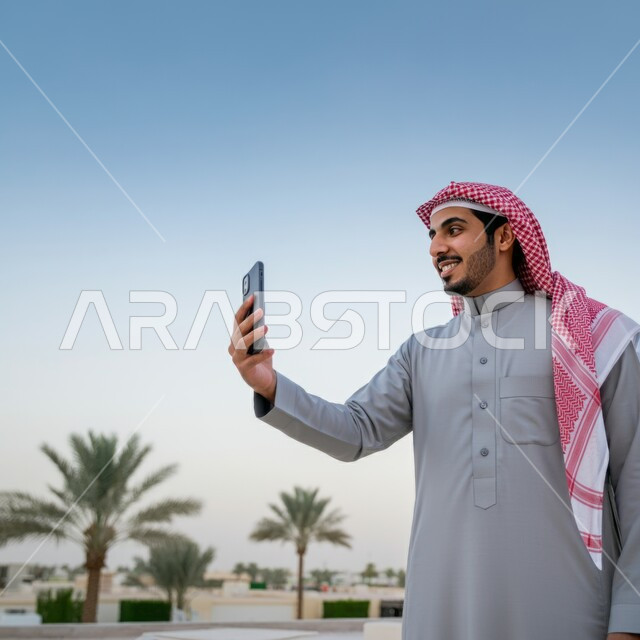 اجراء مكالمة فيديو عبر الهاتف المحمول، رجل عربي خليجي سعودي يرتدي الثوب التقليدي والشماغ يقف في الهواء الطلق في وقت النهار ويقوم ببث مباشر عبر الموبايل، التواصل مع الأهل والاصدقاء، استخدام الأجهزة التقنية الحديثة