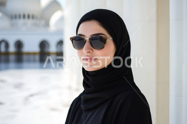 الاهتمام بالاناقة والمظهر الخارجي، صورة مقربة لشابة عربية خليجية سعودية محجبة ترتدي العباءة السوداء والنظارات الشمسية تقف في الفناء الخارجي لمسجد، مفهوم الأنوثة والنعومة، النظر الى الكاميرا بايماءات البهجة والسرور