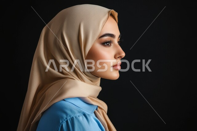 The concept of femininity and softness, interest in elegance and external appearance, close-up portrait from the side of a veiled Saudi Arabian Gulf young woman looking at something, gestures of joy and pleasure, black background