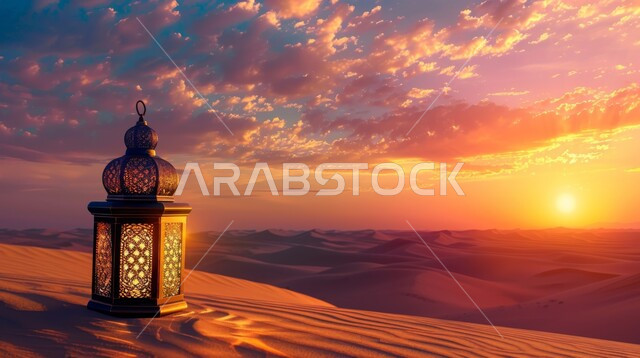 زينة واضاءة الأعياد والمناسبات الدينية، البيئة الصحراوية والكثبان الرملية في المناطق البرية في المملكة العربية السعودية، فانوس معدني مزخرف مضيء وسط الرمال الذهبية الناعمة عند غروب الشمس, تحفة اسلامية عريقة، خلفية طبيعية