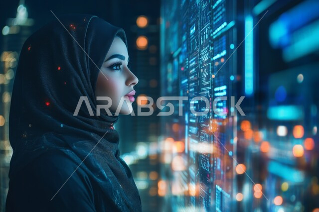 تطور التقنية والتكنولوجيا الرقمية للوجه، الذكاء الإصطناعي والتطور الجديد، اشكال ورسومات ثلاثية الابعاد، تكنولوجيا المستقبل الحديث, صورة مقربة لإمرأة عربية سعودية خليجية محجبة من الجانب تنظر إلى الشاشة الرقمية، شبكة بيانات ضخمة متطورة