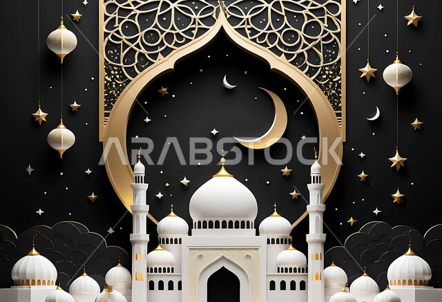 زينة الأعياد والمناسبات الدينية، تصميم وديكور هندسي مميز في رمضان المبارك، قالب تهنئة بقدوم شهر الخير، مفهوم العبادة والتقرب الى الله تعالى، قبب ومآذن المساجد الاسلامية، زخارف وتحف باللون الذهبي، خلفية سوداء