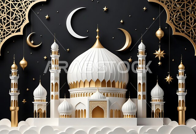 ديكور وتصميم هندسي مميز في رمضان المبارك، قالب تهنئة بقدوم شهر الخير، مفهوم العبادة والتقرب الى الله تعالى، زينة الأعياد والمناسبات الدينية، قبب ومآذن المساجد الاسلامية، زخارف وتحف باللون الذهبي، خلفية سوداء