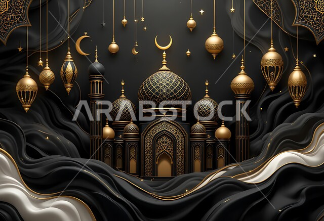 قالب تهنئة بقدوم شهر الخير، مفهوم العبادة والتقرب الى الله تعالى، ديكور وتصميم هندسي مميز في رمضان المبارك، زينة الأعياد والمناسبات الدينية، قبب ومآذن المساجد الاسلامية، زخارف وتحف باللون الذهبي، خلفية سوداء