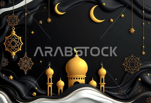 مفهوم العبادة والتقرب الى الله تعالى، قالب تهنئة بقدوم شهر الخير، ديكور وتصميم هندسي مميز في رمضان المبارك، زينة الأعياد والمناسبات الدينية، قبب ومآذن المساجد الاسلامية، زخارف وتحف باللون الذهبي، خلفية سوداء