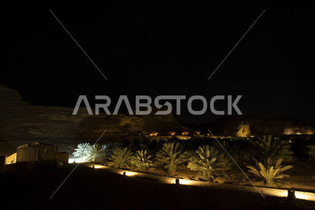 التشكيلات والتكوينات الصخرية في المناطق الجبلية، الاماكن السياحية المشهورة في المملكة العربية السعودية، زراعة النباتات والأشجار الطبيعية الخضراء في الصحراء، منتزه ومزرعة ترفيهية مضاءة في قرية العذيب في محافظة العلا وقت الليل