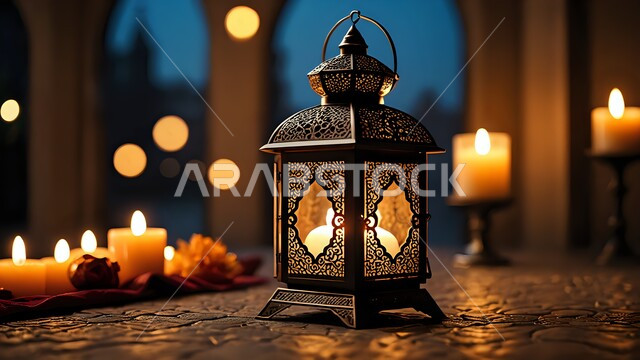 فانوس معدني مزخرف مضيء, مصباح عربي تقليدي, الأجواء الرمضانية الروحانية في المملكة العربية السعودية, الاحتفال بالمناسبات الدينية الإسلامية, البهجة بقدوم رمضان المبارك, زينة واكسسوار شهر الخير