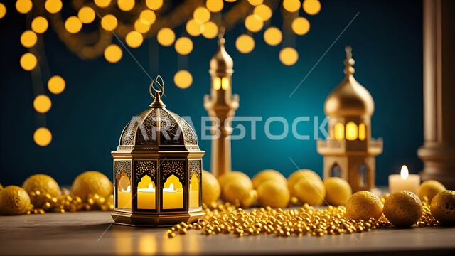 البهجة بقدوم رمضان المبارك, زينة واكسسوار شهر الخير, فانوس معدني مزخرف مضيء, مصباح عربي تقليدي, الأجواء الرمضانية الروحانية في المملكة العربية السعودية, الاحتفال بالمناسبات الدينية الإسلامية