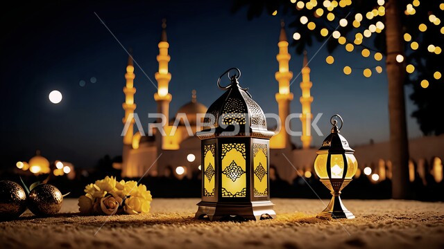 الاحتفال بالمناسبات الدينية الإسلامية, البهجة بقدوم رمضان المبارك, زينة واكسسوار شهر الخير, فانوس معدني مزخرف مضيء أمام المسجد, الأجواء الرمضانية الروحانية في المملكة العربية السعودية, الفن الهندسي المعماري للمساجد, منظر القمر في السماء في الليل
