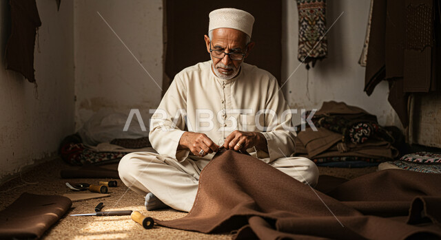 الحفاظ على المهن التراثية السعودية، حرفة ومهنة يدوية تقليدية قديمة، العمل في صناعة وتشكيل الجلود والأقمشة، رجل كبير بالسن عربي خليجي سعودي يرتدي الزي التقليدي والقبعة البيضاء يقوم بقص قطعة من القماش بتركيز وتأن، صناعات وأعمال شعبية، حياكة وخياطة القطع بشكل يدوي
