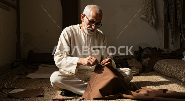An old traditional handicraft and profession, preserving Saudi heritage professions, working in the manufacture and shaping of leather and fabrics, an elderly Saudi Gulf Arab man wearing traditional clothing and cutting a piece of cloth with focus and deliberation, popular industries and works, knitting and sewing pieces by hand