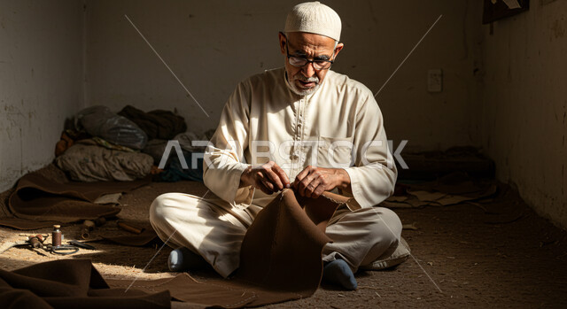 العمل بصناعة وتشكيل الجلود والأقمشة، رجل كبير بالسن عربي خليجي سعودي يرتدي الزي التقليدي والقبعة البيضاء يقوم بقص قطعة من القماش بتركيز وتأن، حرفة ومهنة يدوية تقليدية قديمة، صناعات وأعمال شعبية، حياكة وخياطة القطع بشكل يدوي، الحفاظ على المهن التراثية السعودية