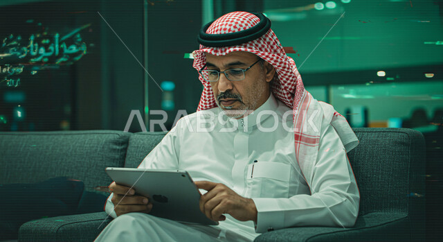 التسوق عبر الانترنت باستخدام التابلت, قضاء الوقت بتصفح برامج التواصل الاجتماعي, إنجاز المهام عن بعد، استعمال التقنيات الحديثة، رجل عربي سعودي خليجي يرتدي الشماغ و الثوب التقليدي يجلس على كرسي مريح ويستخدم الجهاز اللوحي، خلفية خطوط هولوجرامية خضراء مضيئة