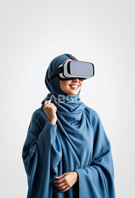 Virtual world simulation, wearing virtual reality glasses, using a modern and advanced technical device for entertainment and amusement, close-up portrait of a Saudi Arabian Gulf woman wearing a blue abaya and putting on 3D VR glasses, gray background