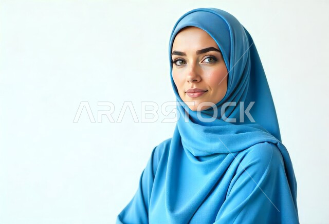 The concept of femininity and softness, interest in external appearance, elegant modern veiled fashion, close-up portrait of a veiled Saudi Arabian Gulf woman wearing a blue abaya looking at the camera with gestures of happiness and pleasure, white background