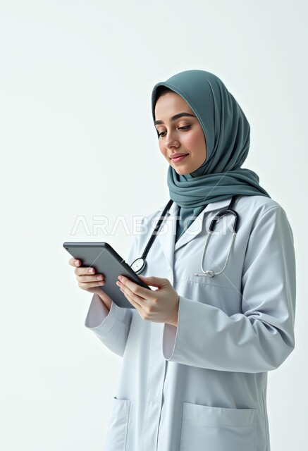 الدمج بين التكنولوجيا الحديثة والأعمال الطبية, العمل في القطاع الصحي, استخدام جهاز تقني متطور, تقديم الاستشارات عن بعد, بورتريه لطبيبة عربية خليجية سعودية محجبة ترتدي المعطف الأبيض تمسك بيديها الجهاز اللوحي, خلفية رمادية