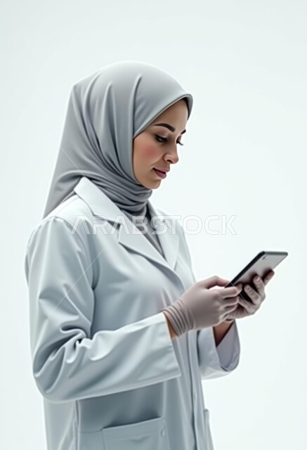 العمل في القطاع الصحي, الدمج بين التكنولوجيا الحديثة والأعمال الطبية, استخدام جهاز تقني متطور, تقديم الاستشارات عن بعد, بورتريه لطبيبة عربية خليجية سعودية محجبة ترتدي المعطف الأبيض تمسك بيديها الجهاز اللوحي, خلفية رمادية