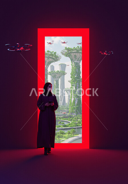 Red neon illuminated gate overlooking the green futuristic city, Saudi Vision 2030, a veiled Saudi Arabian Gulf woman wearing a black abaya holding a mobile phone in her hand and standing in front of a window looking at the world of technology and technology, drones flying above