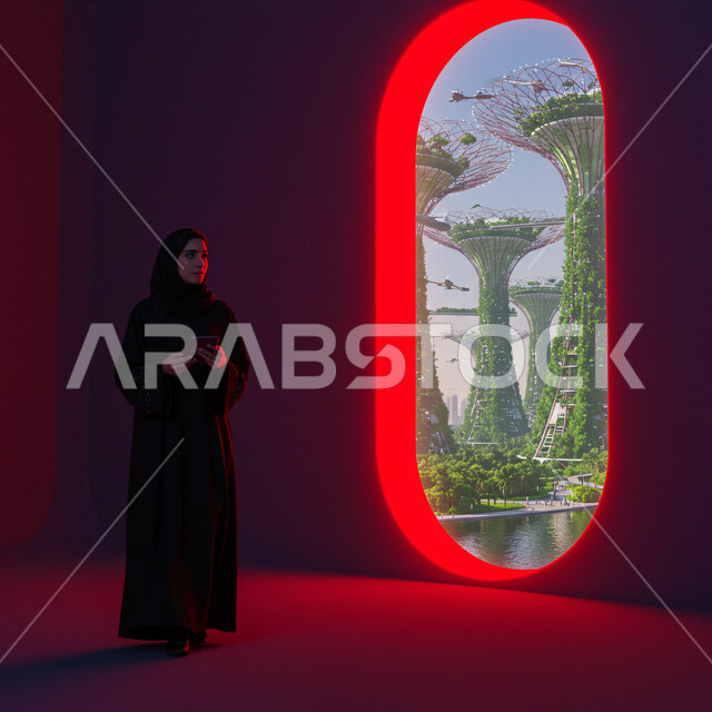 A gate overlooking the green future city illuminated with red neon, Saudi Vision 2030, a veiled Saudi Arabian Gulf woman wearing a black abaya holding a mobile phone in her hand and standing in front of a window looking at the world of technology and technology, drones flying above