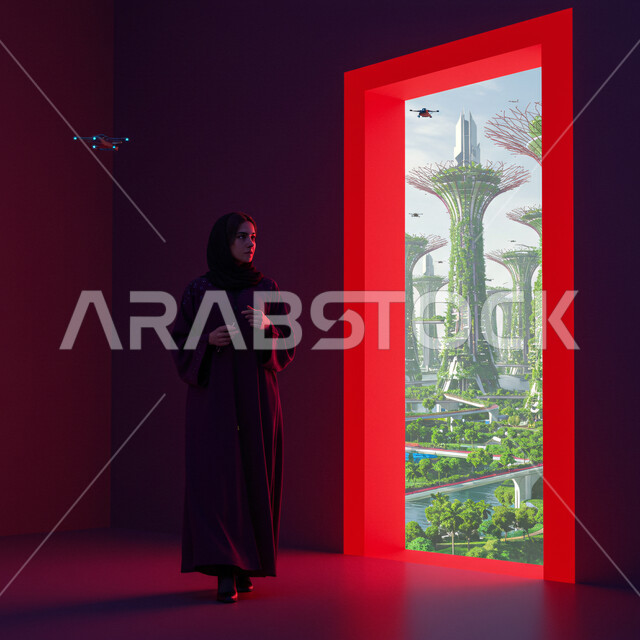 طائرات الدرون المحلقة أعلى البوابة المضيئة بالنيون الأحمر المطلة على المدينة المستقبلية الخضراء، رؤية مستقبلية سعودية ٢٠٣٠، امرأة عربية خليجية سعودية محجبة ترتدي العباءة السوداء تمسك بيدها الهاتف المحمول وتقف أمام نافذة وتنظر إلى عالم التقنية والتكنولوجيا