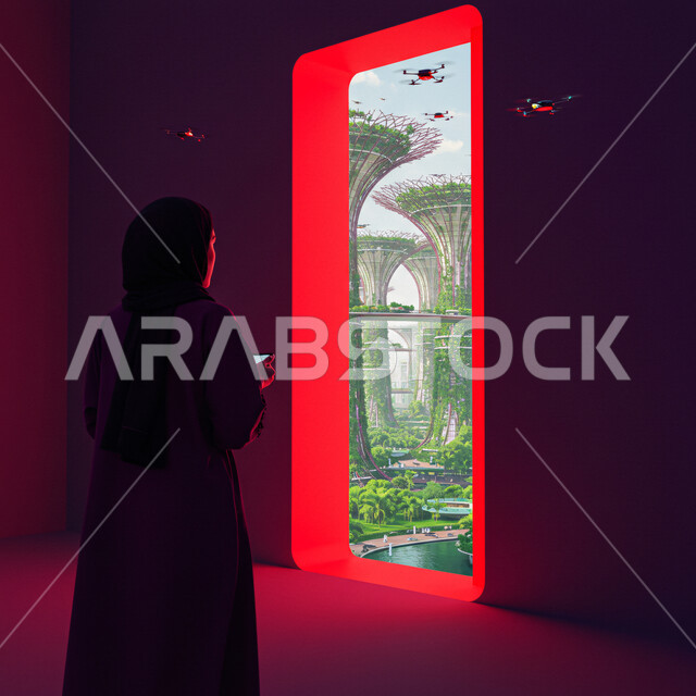 بوابة مضيئة بالنيون الأحمر مطلة على المدينة المستقبلية الخضراء، امرأة عربية خليجية سعودية محجبة ترتدي العباءة السوداء تمسك بيدها الهاتف المحمول وتقف أمام نافذة وتنظر إلى عالم التقنية والتكنولوجيا، طائرات الدرون المحلقة في الأعلى، رؤية مستقبلية سعودية ٢٠٣٠ 