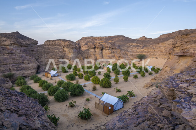 مساحة واسعة لزراعة النباتات والأشجار الخضراء، التكوينات والتشكيلات الصخرية في الصحاري، مجموع خيام في صحراء المملكة العربية السعودية، مغامرة ورحلة ترفيهية، التخييم في المناطق الصحراوية في محافظة العلا، مكان ومنطقة سياحية مشهورة، جلسة وكشتة شبابية في البرية