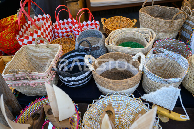 Professions and handicrafts, traditional straw baskets in the cultural district of the 13th Katara Heritage Festival, famous historical landmarks and tourist places in Qatar, the antiquity and authenticity of the Gulf heritage, old traditional popular markets