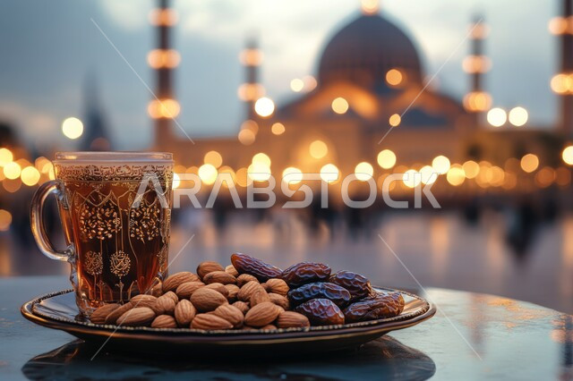 الاستمتاع بالمشروب الساخن, طبق من التمر السكر الصحي مع كأس من الشاي أمام المسجد, منتج محلي وطني سعودي، ضيافة عربية تقليدية, الفن الهندسي المعماري لبناء المساجد على الطراز العربي الإسلامي, الرطب الخليجي الفاخر