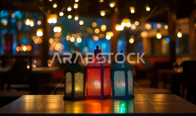 فوانيس معدنية مزخرفة مضيئة, الاحتفال بالمناسبات الدينية الإسلامية, البهجة بقدوم رمضان المبارك, زينة واكسسوار شهر الخير, مصابيح عربية تقليدية, الأجواء الرمضانية الروحانية في المملكة العربية السعودية