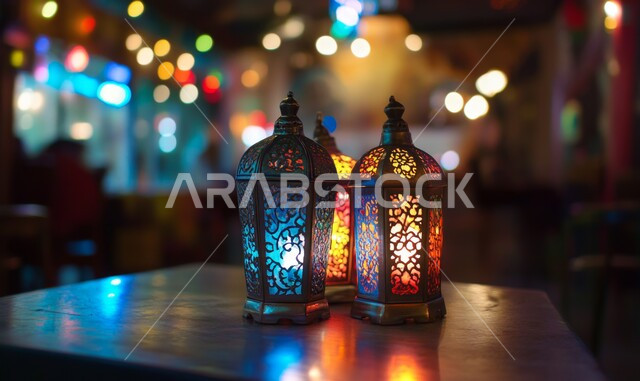 مصباحان عربيان تقليديان, الاحتفال بالمناسبات الدينية الإسلامية, البهجة بقدوم رمضان المبارك, زينة واكسسوار شهر الخير, فانوسان معدنيان مزخرفان مضيئان, الأجواء الرمضانية الروحانية في المملكة العربية السعودية