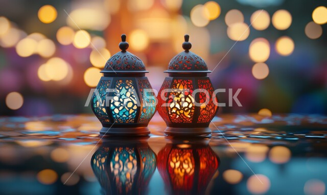 فانوسان معدنيان مزخرفان مضيئان, الاحتفال بالمناسبات الدينية الإسلامية, البهجة بقدوم رمضان المبارك, زينة واكسسوار شهر الخير, مصباحان عربيان تقليديان, الأجواء الرمضانية الروحانية في المملكة العربية السعودية